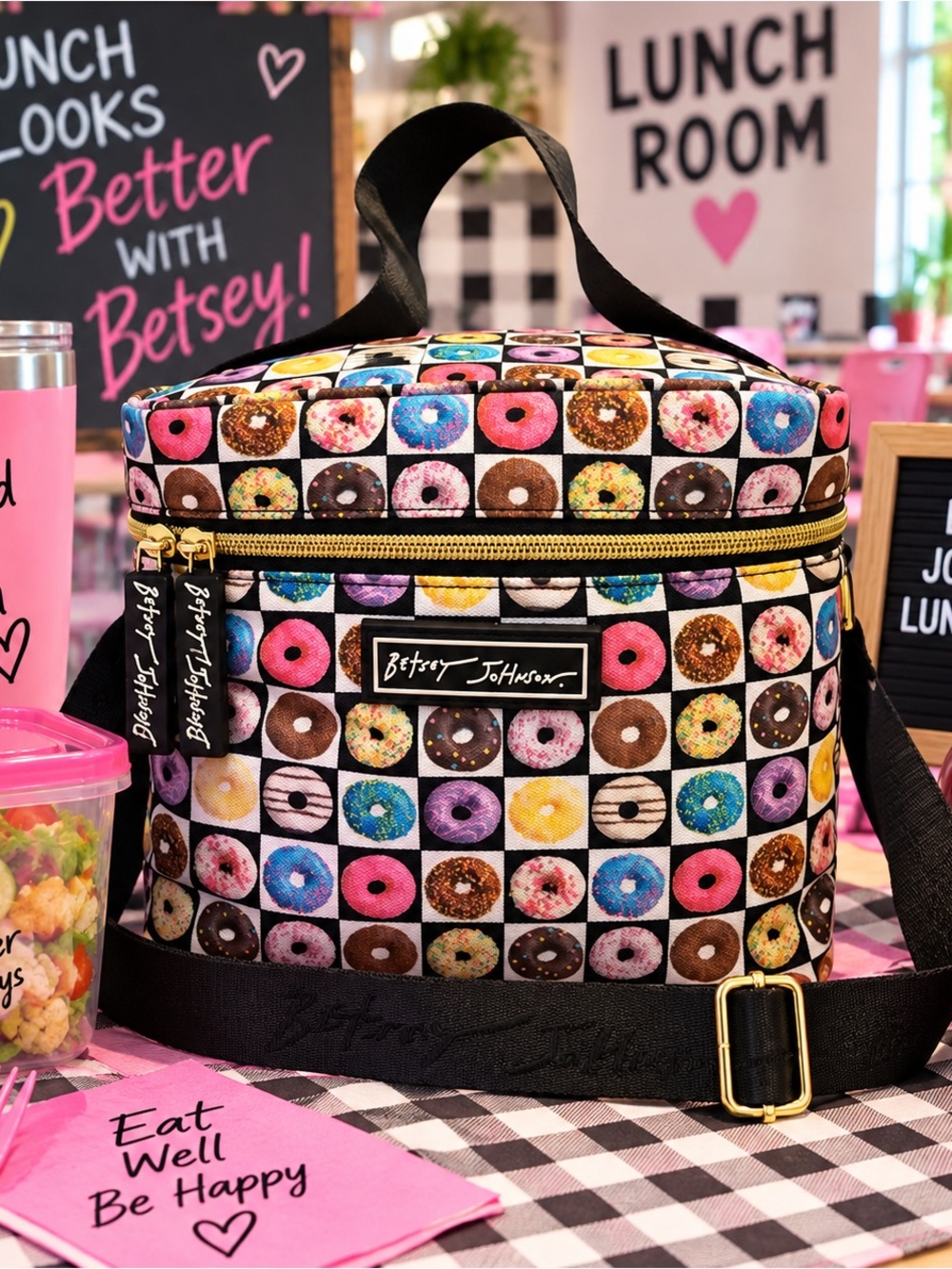 Betsey Johnson Multicolor Donut Print Lunch Tote with Black Trim